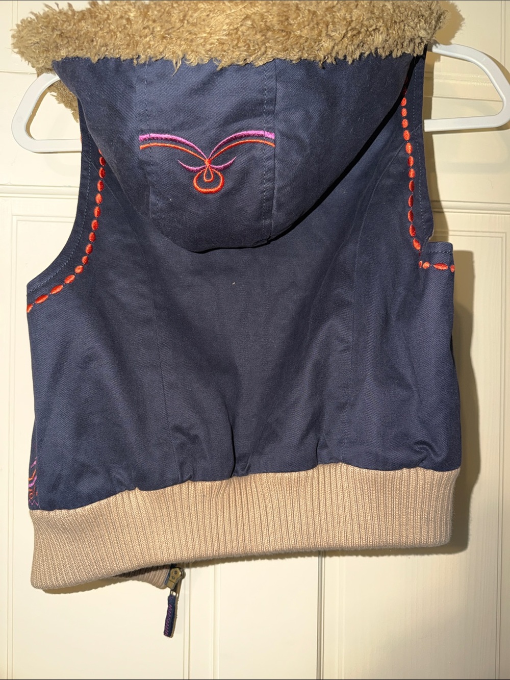 Free People Navy Embroidered Hooded Vest with Tan Sherpa - Picture 6 of 6